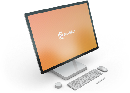 Render en 3D de una computadora Microsoft Surface desplegando el logo de Servifácil
